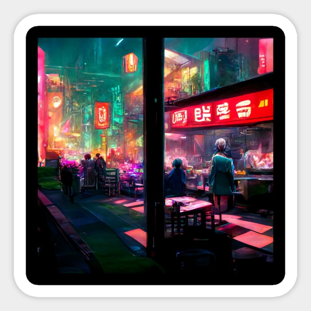 Busy Ramen Stall - Cyberpunk Cityscape Sticker by ArkMinted